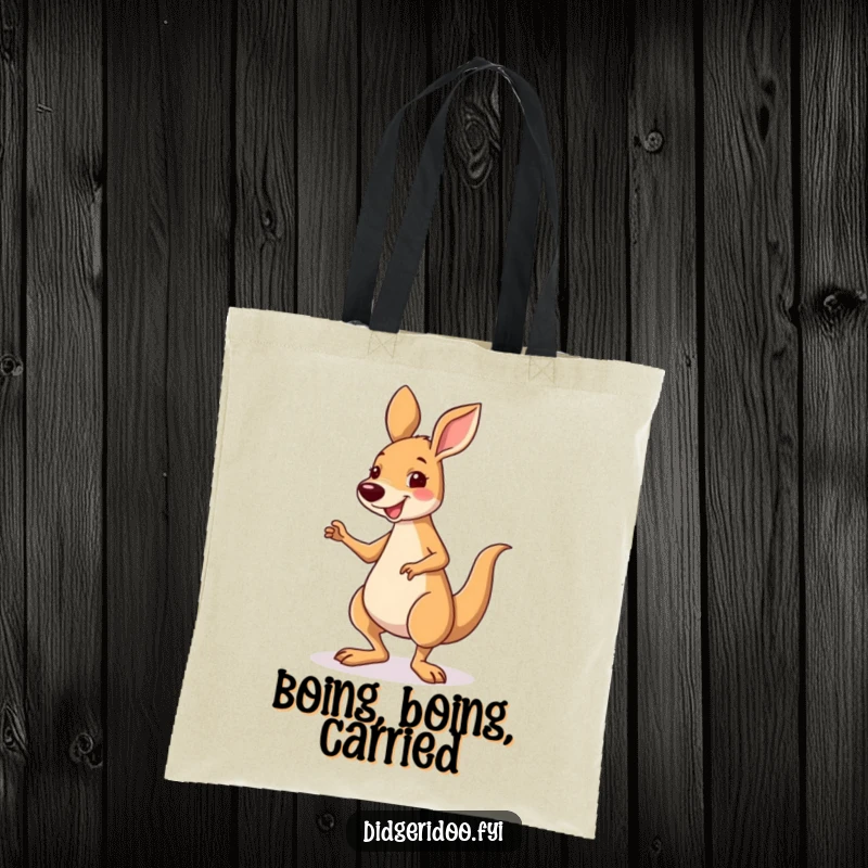 Funny smiling kangaroo character performing a silly little jig on a tote bag, perfect for carrying joy.