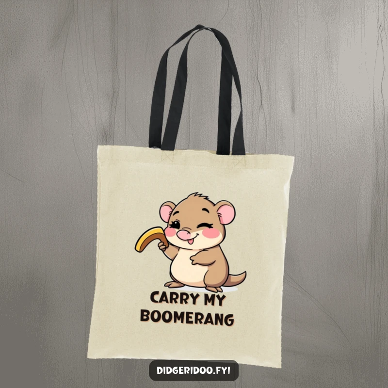 Funny platypus character tote bag, winking and holding a small boomerang, designed for carrying items with quirky Australian charm and playful adventure.