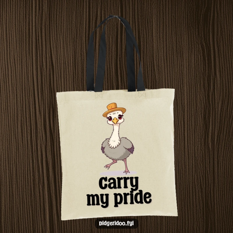 Funny Tote Bag featuring a proud emu wearing a tiny cork hat, strutting confidently.