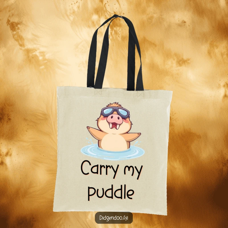 Funny Tote Bag featuring a delighted platypus wearing goggles, enthusiastically swimming in a puddle.