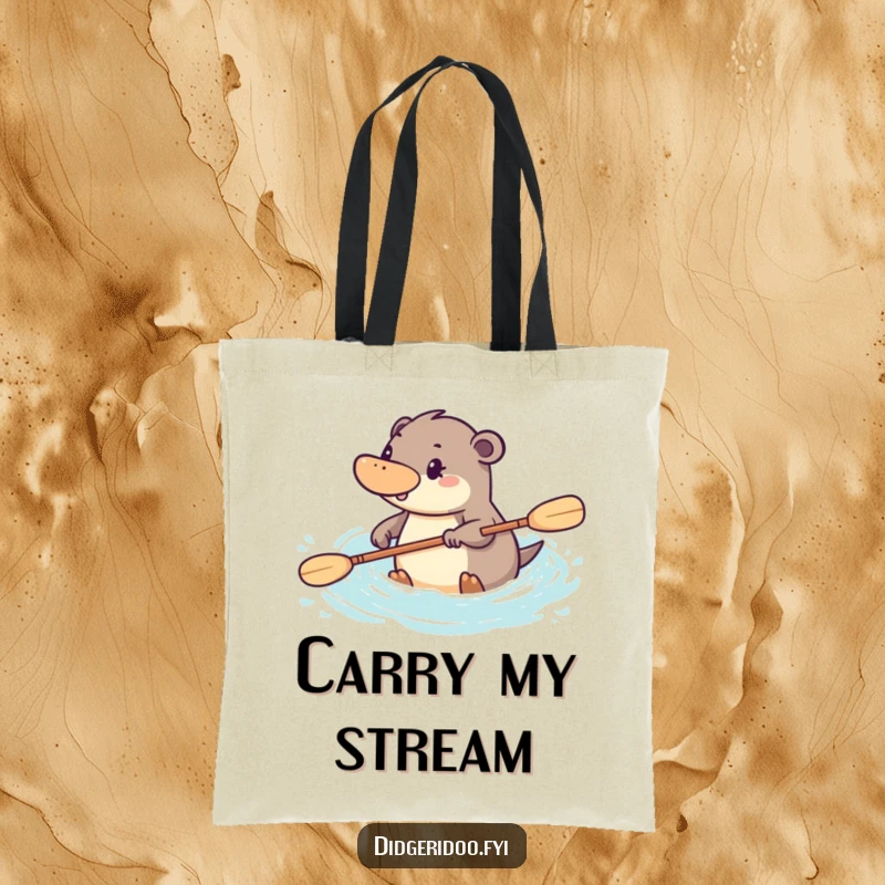 Funny platypus tote bag showcasing a determined character paddling energetically through stylized water, perfect for everyday carry with purpose.