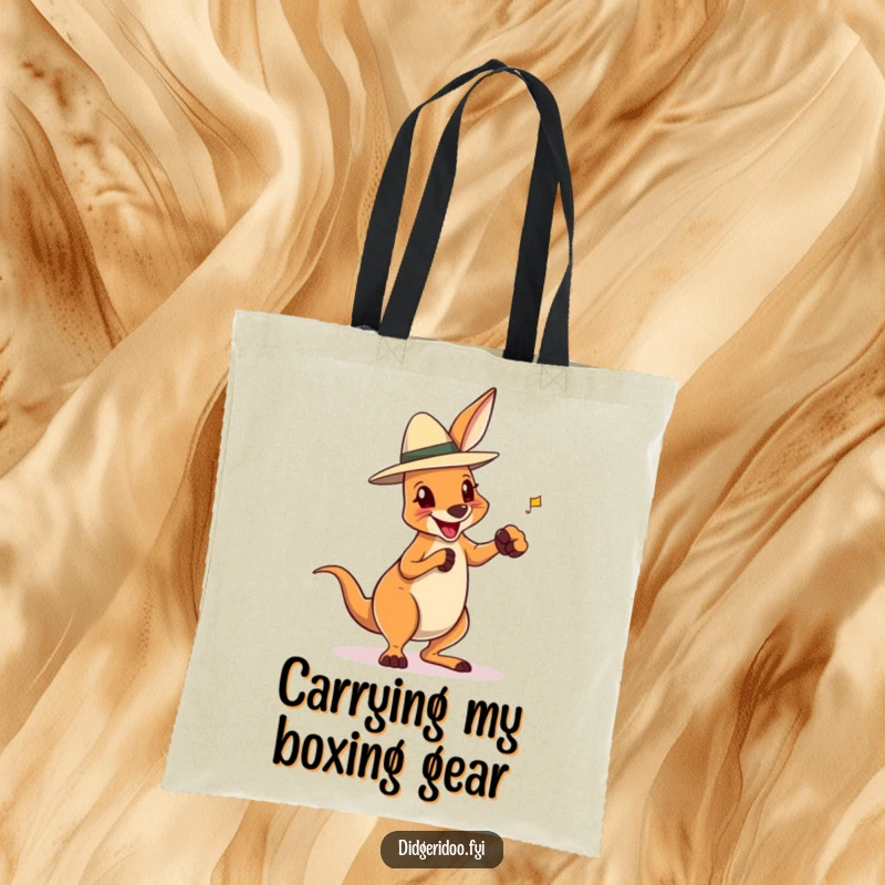 Funny tote bag depicting a delighted kangaroo in an Akubra hat, playfully boxing, a humorous and practical carrier.