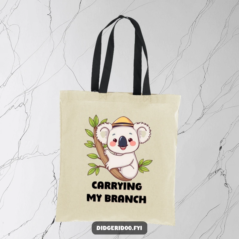 Funny koala wearing a hat, hugging a eucalyptus branch on a tote bag, demonstrating a cheerful and eco-friendly funny accessory.