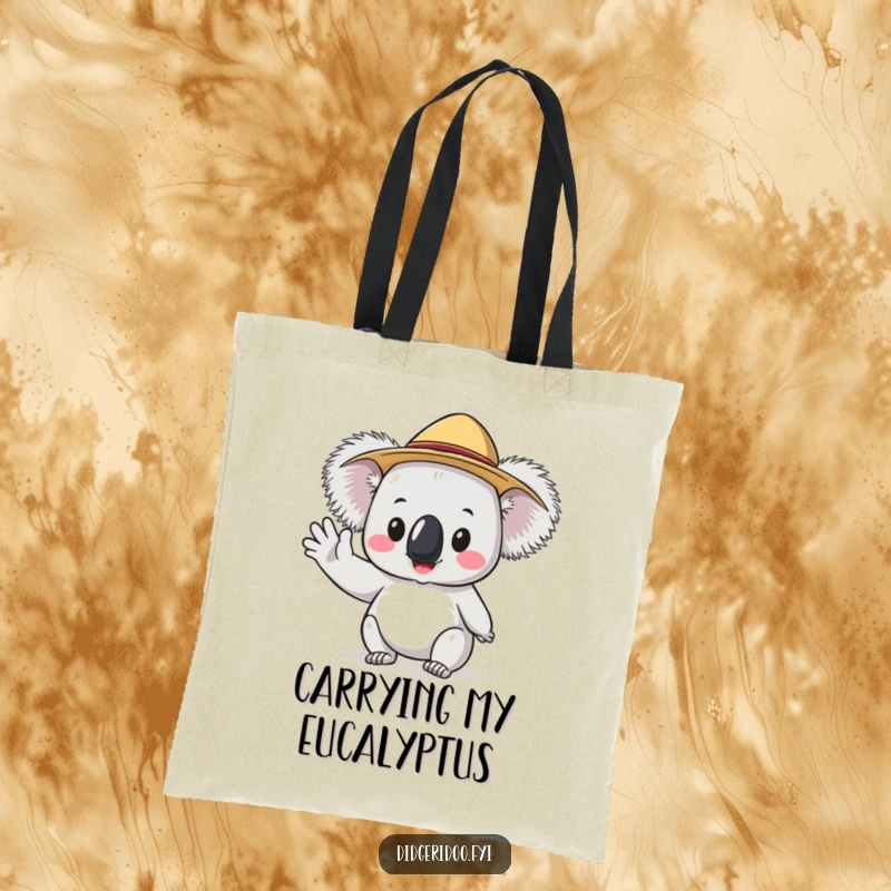 Funny Koala Tote Bag with a tiny Akubra hat waving hello, ideal for carrying items with humorous Australian flair.