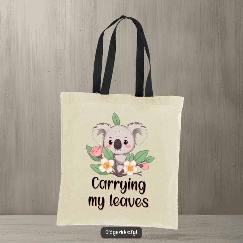 Funny Tote Bag: A curious koala peeks from behind a stylized eucalyptus bloom, a whimsical and practical accessory.