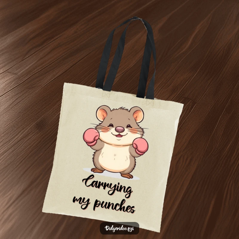 Funny wombat boxer tote bag featuring a cartoon wombat with boxing gloves in a dodging pose, a humorous and practical gift.