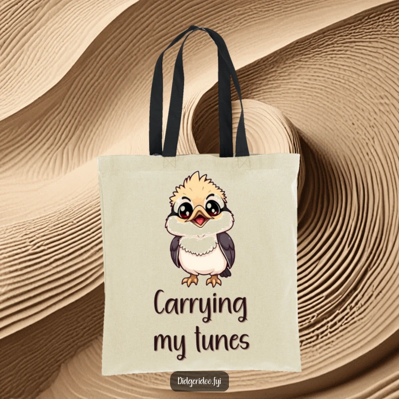 Funny Tote Bag: A grinning kookaburra with wide eyes looks up, a whimsical and practical accessory.