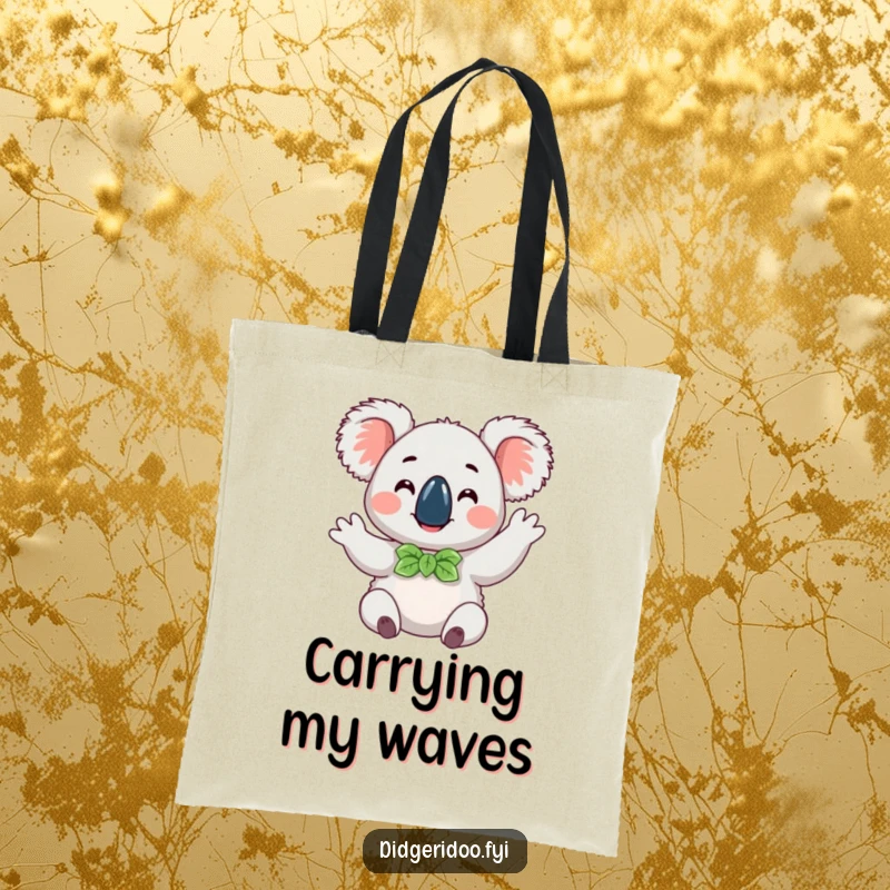 Funny happy koala wearing a eucalyptus leaf bow tie, doing a cheerful wave, a stylish and humorous tote bag for everyday use.