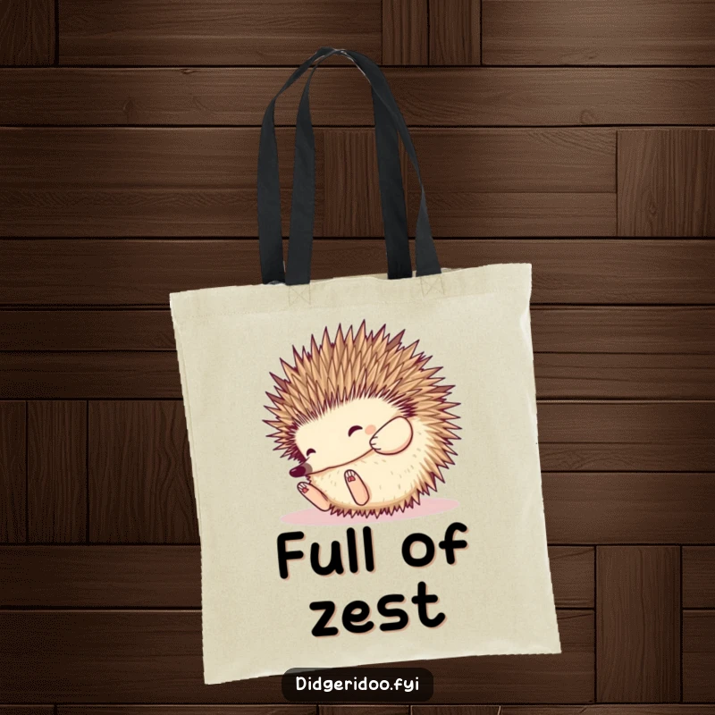 Funny Echidna Tote Bag: a happy echidna rolls playfully like a spiky ball, perfect for carrying items with unique Australian charm.