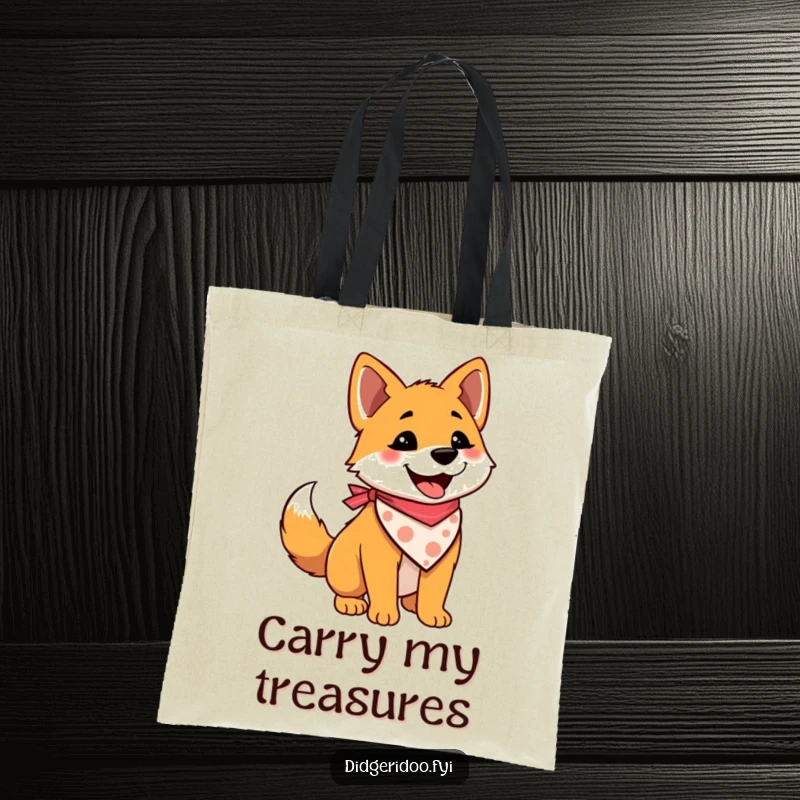 Funny tote bag showcasing a delighted dingo wearing a bandana and wagging its tail, perfect for carrying daily items.
