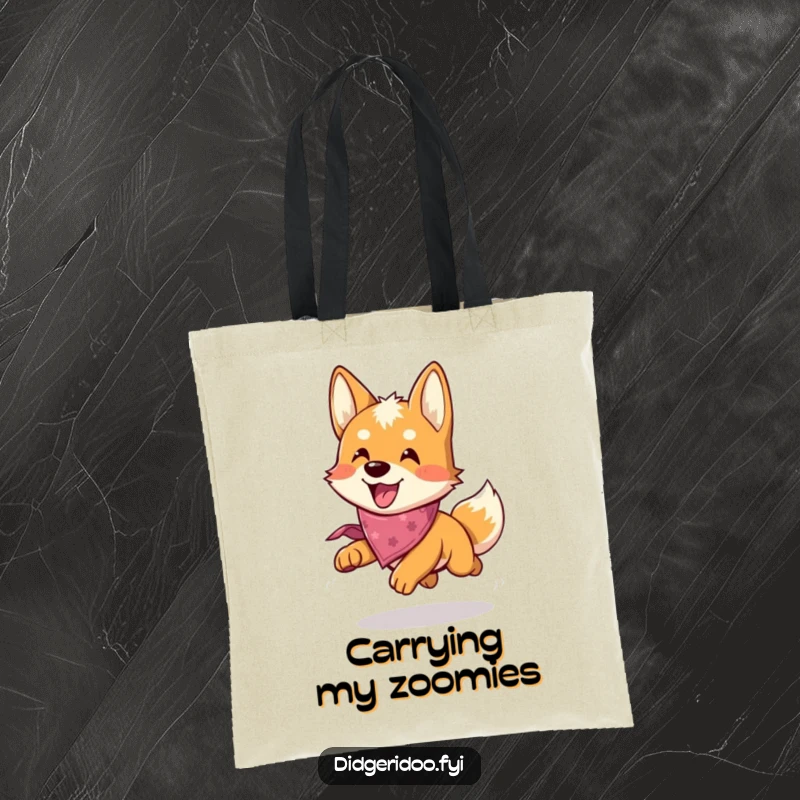 Funny Dingo Tote Bag: A playful dingo sporting a bandana enjoys a happy chase, making it a stylish and funny accessory.