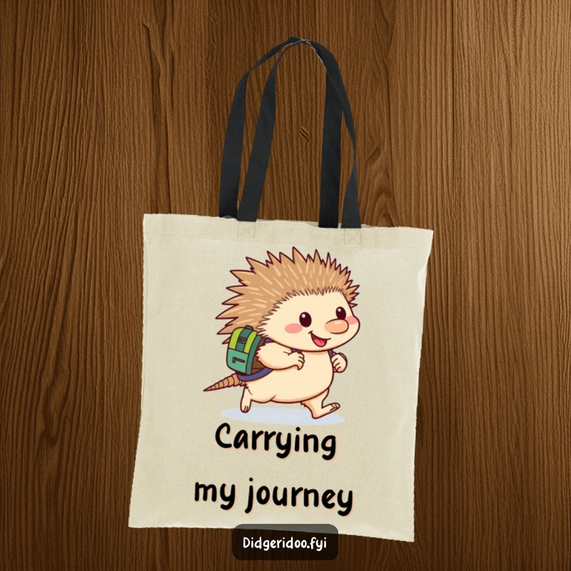 Funny Echidna Tote Bag: A happy echidna wearing a backpack waddles with determination, depicted on a sturdy and humorous tote.