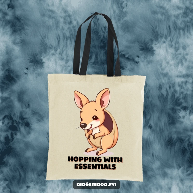 Funny Kangaroo Joey Tote Bag peeking from a pouch, playfully bouncing, ideal for carrying items with humorous Outback flair.