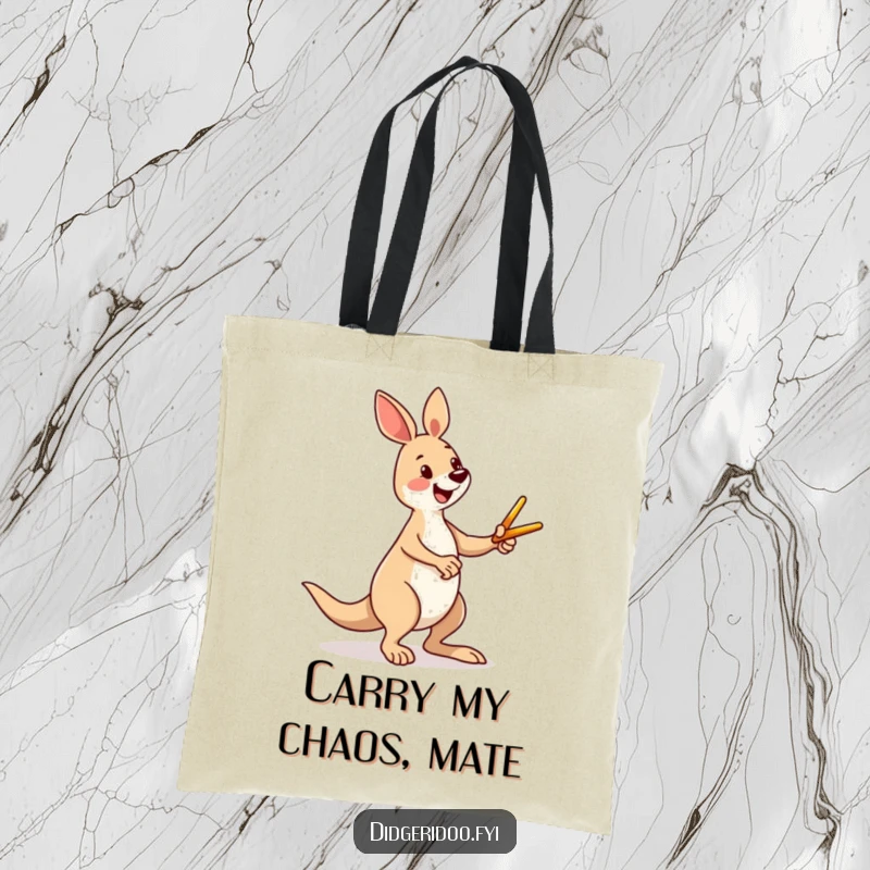 Funny kangaroo tote bag featuring a happy character energetically kicking a small boomerang, showcasing playful Aussie spirit and a comical adventure.