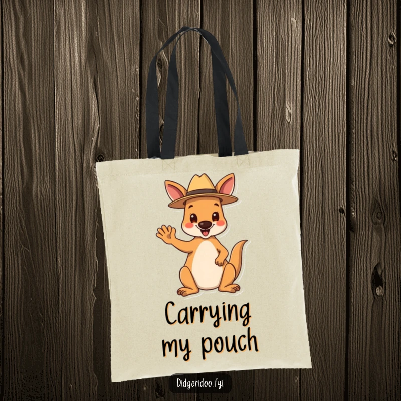 Funny Tote Bag: A happy kangaroo wearing a tiny Akubra hat waves hello, a whimsical and practical accessory.