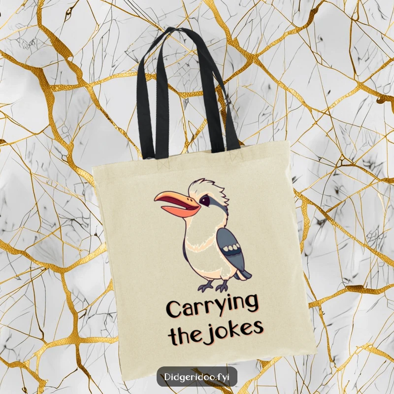 Funny Kookaburra Tote Bag showing a cheerful bird with a wide beak caught mid-laugh, perfect for carrying your items.