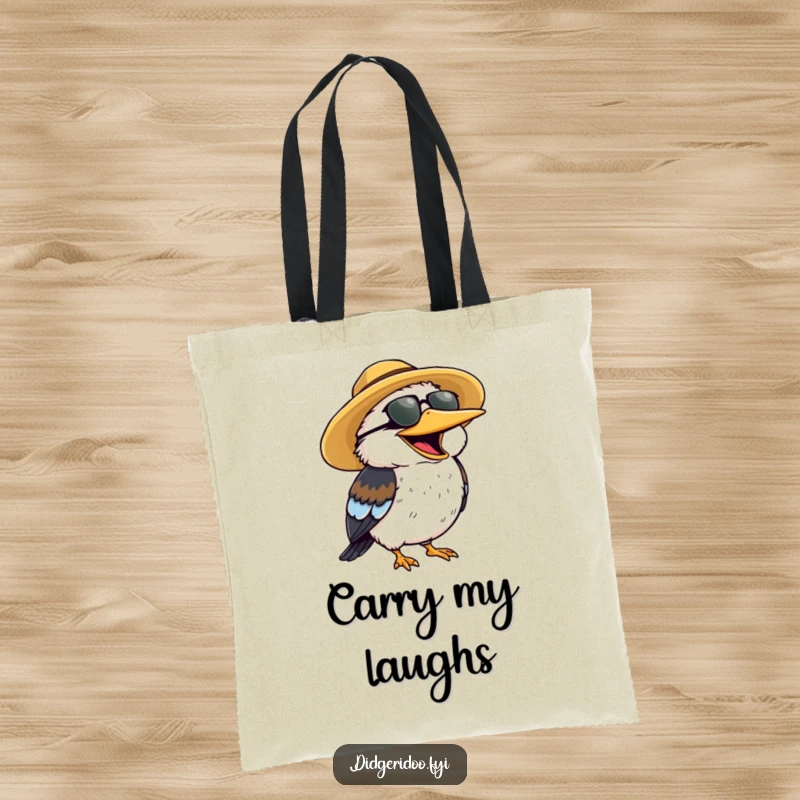 Funny Tote Bag featuring a cheerful kookaburra wearing a sun hat, laughing heartily.
