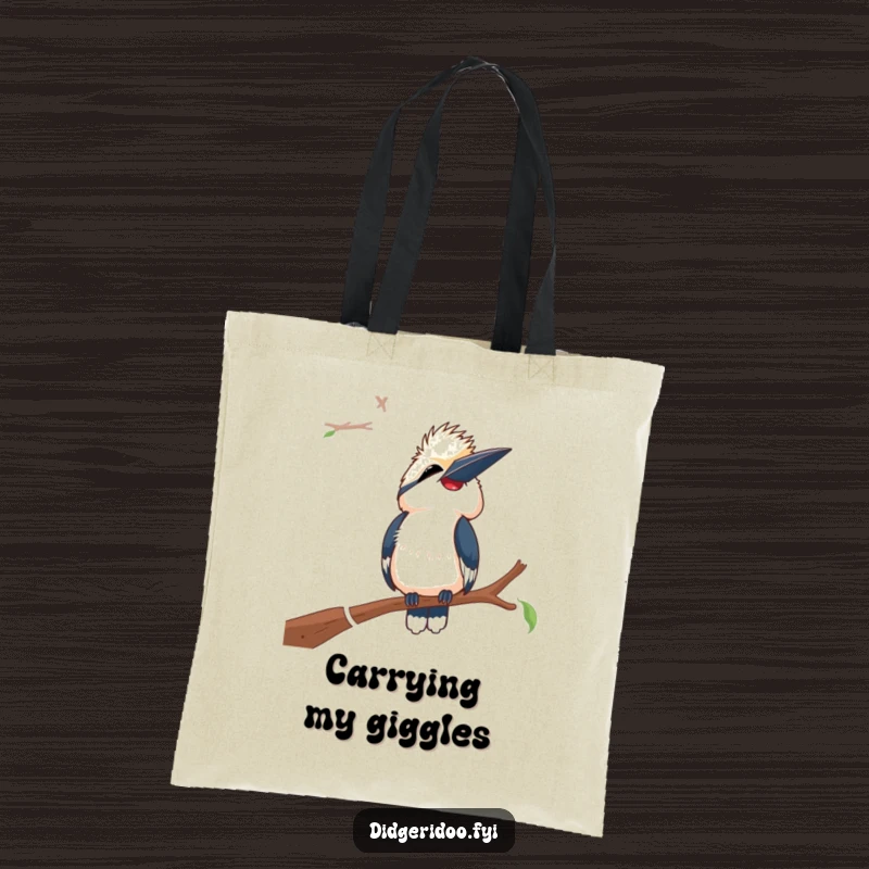 Funny Laughing Kookaburra Tote Bag: A kookaburra perched on a branch, head tilted back, laughing uncontrollably, adding humor to your bag.