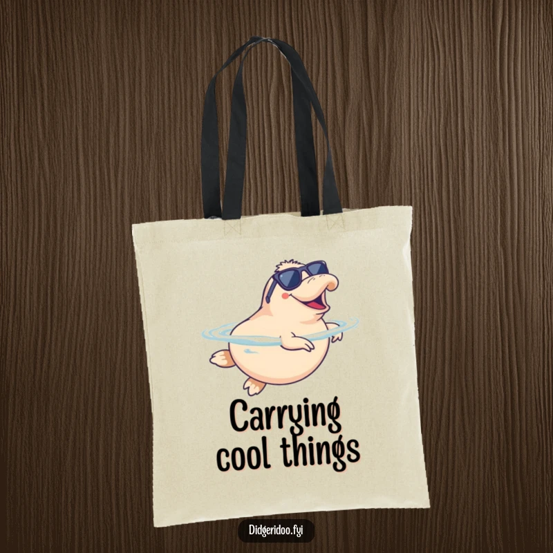 Funny Platypus Tote Bag wearing sunglasses, doing a happy synchronized swim, ideal for carrying items with humorous aquatic flair.