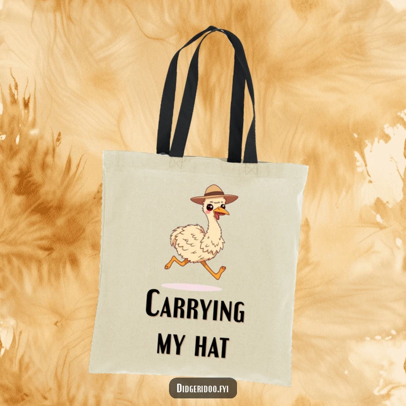 Funny tote bag featuring a smiling emu in a hat, running with long strides, perfect for carrying items with style.