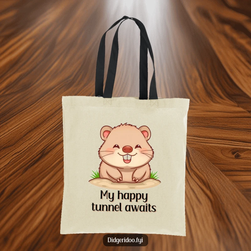 Funny wombat tote bag showcasing a cheerful wombat with a big grin, captured mid-burrow, ready to carry your items with joy.