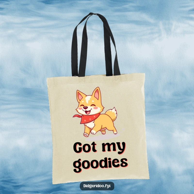 Funny dingo tote bag featuring a dingo in a bandana chasing a shadow, a functional and amusing accessory.