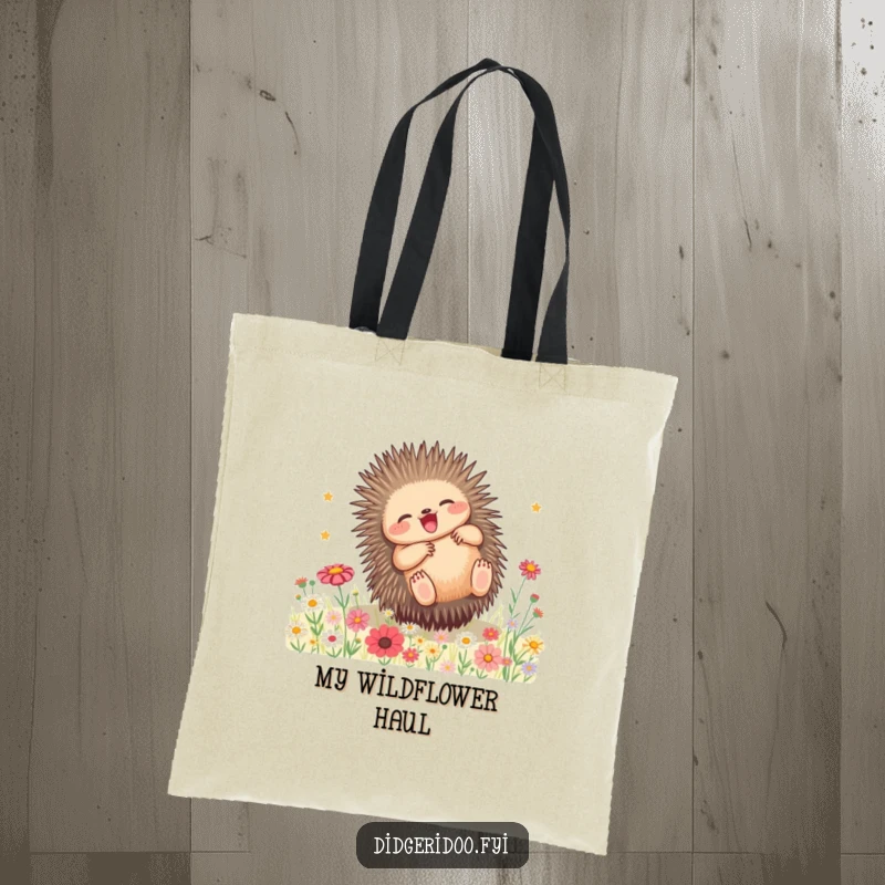 Funny Echidna Wildflower Tote Bag: A playful echidna rolling joyfully in wildflowers, designed for carrying essentials with humor.