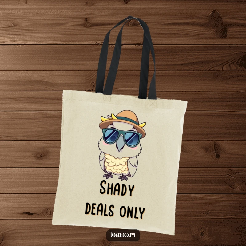 Funny cheerful cockatoo wearing sunglasses and an Akubra hat on a tote bag, perfect for stylish errands.